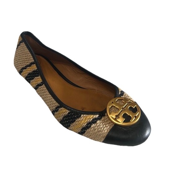 Tory Burch Chelsea Womens Size 8Ballet Flat Woven Leather Cap Toe Tan Black